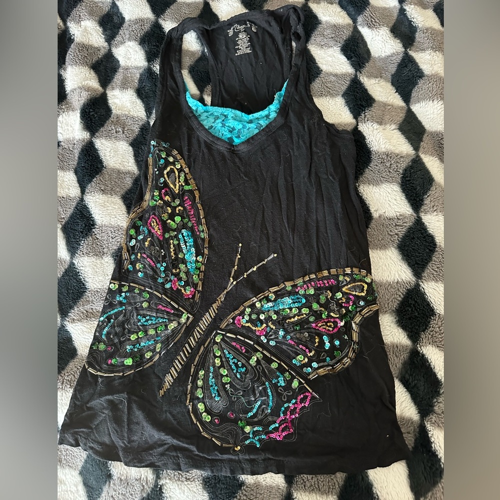 Candies Junior Women's Embellished Black Butterfly Tank Top